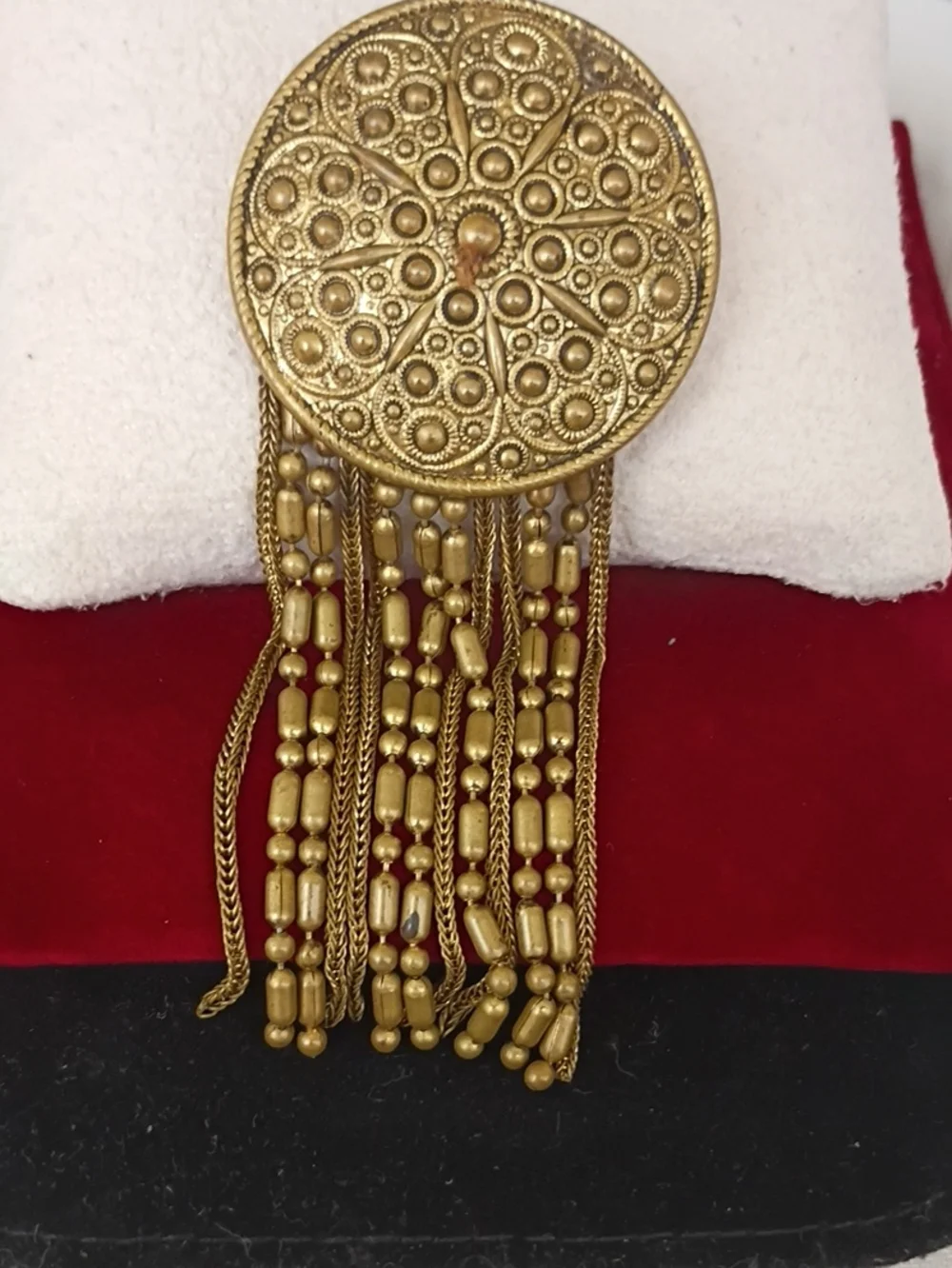 Gold Filigree Round Brooch with Beaded Fringe Vintage